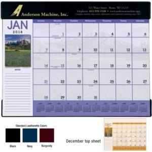 his USA-printed, scenic desk pad calendar has a pocket-header made of heavy Suedene vinyl.